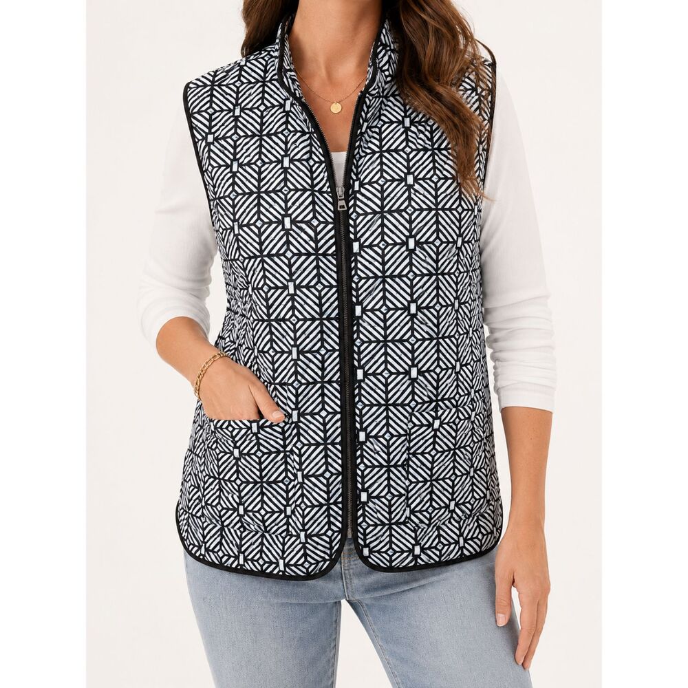 NWT Ruby Rd 2X Black White Geometric Quilted Zip Vest Plus Size Lightweight
